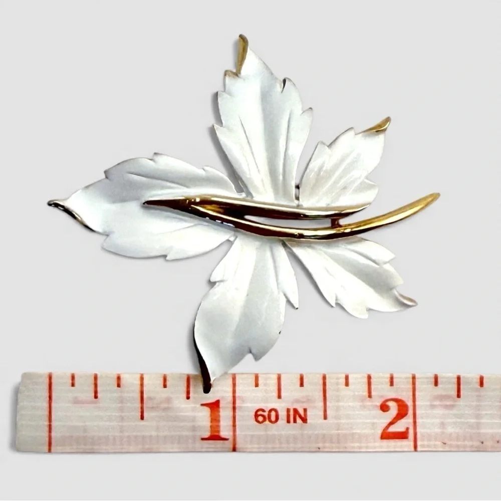 Vintage White Enamel Leaf Brooch & Clip-On Earrings Gold Tone Set